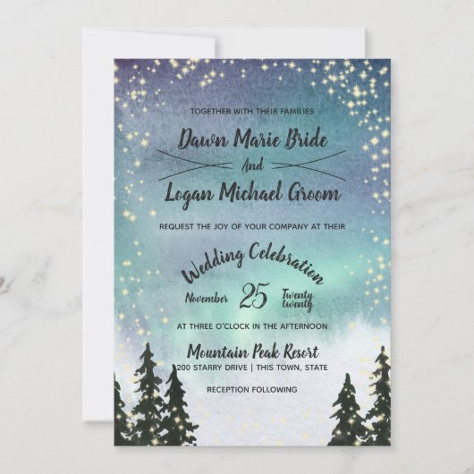 Starry Northern Lights Mountain Sky Wedding Einladung (Vorderseite)