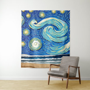 Starry Ocean Summer Beach Waves Wandteppich