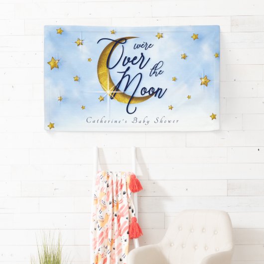Starry Over the Moon Blue Gold Baby Boy Dusche Banner (Insitu)