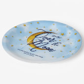 Starry Over the Moon Blue Gold Baby Dusche Pappteller (Schrägansicht)
