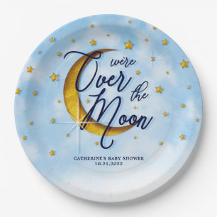 Starry Over the Moon Blue Gold Baby Dusche Pappteller