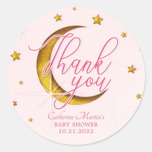Starry Over the Moon Pink Gold Baby Dusche Runder Aufkleber (Vorderseite)