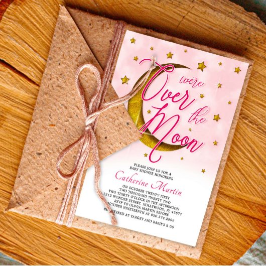 Starry Over the Moon Pink Gold Baby Girl Dusche Einladung