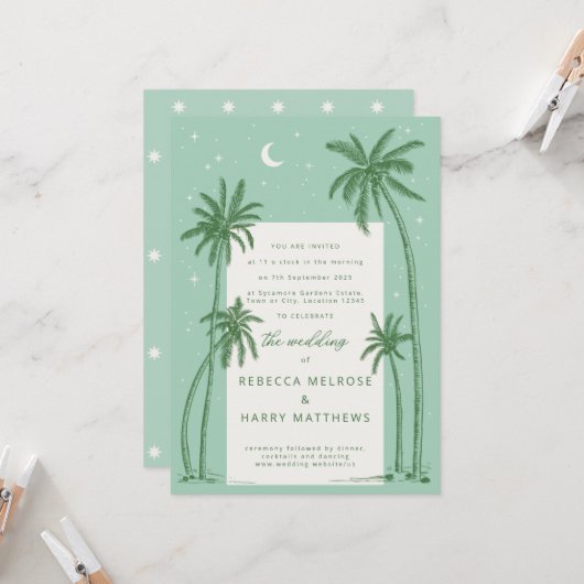 Starry Palm Trees Green boho Hochzeitseinladung Einladung (Vorderseite/Rückseite Beispiel)