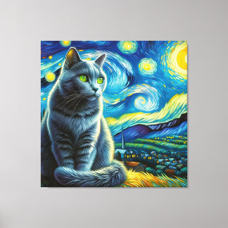 Starry Russian Blue Cat Portrait - Portrait für Ha Leinwanddruck
