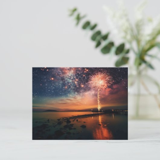 Starry Sky Fireworks Over Beach Postkarte (Stehend Vorderseite)