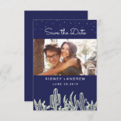 Starry Sky und Cactus Navy Foto Save the Date (Vorne/Hinten)