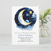 Starry Space Adventure Blue Boy Baby Dusche Einladung (Stehend Vorderseite)
