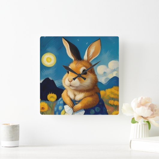 Starry Spring Bunny Clock Quadratische Wanduhr (Zuhause)