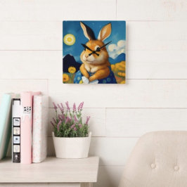 Starry Spring Bunny Clock Quadratische Wanduhr