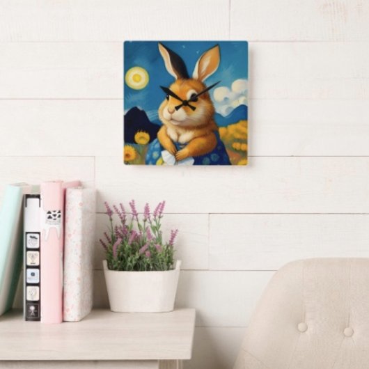 Starry Spring Bunny Clock Quadratische Wanduhr