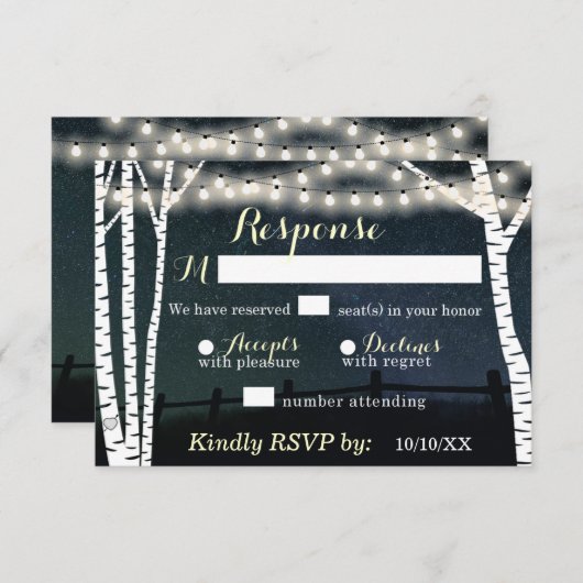 Starry String Light Birch Tree Wedding RSVP Cards (Vorne/Hinten)