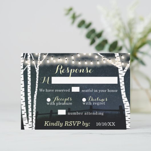 Starry String Light Birch Tree Wedding RSVP Cards (Stehend Vorderseite)