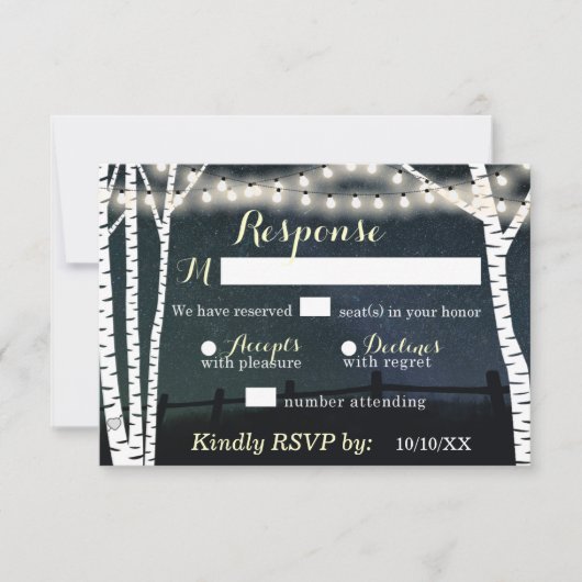 Starry String Light Birch Tree Wedding RSVP Cards Karte (Vorderseite)