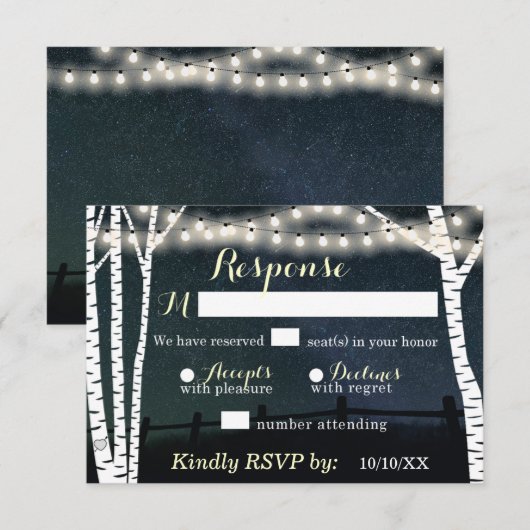 Starry String Light Birch Tree Wedding RSVP Cards Karte (Vorne/Hinten)