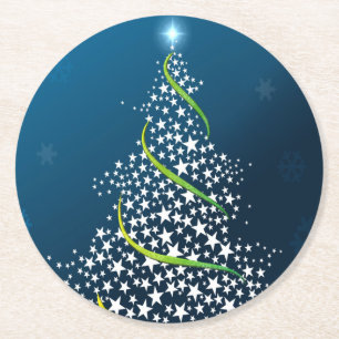 Starry Swirling Christmas Tree on Blue Runder Pappuntersetzer