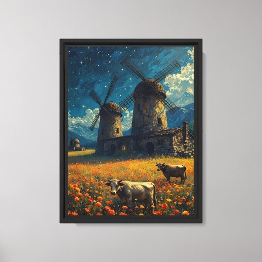 Starry Windmill Meadow Cows Leinwanddruck (Vorderseite)