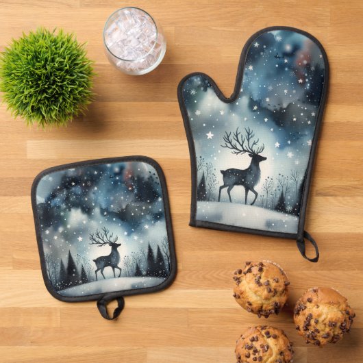 Starry Winter Night Deer  Ofenhandschuh & Topflappen-Set (Oben Unten)