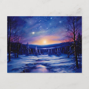 Starry Winter Night Painting mit Schnee bedeckt Postkarte
