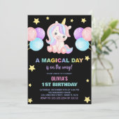 Stars Ballons Einhorn Einladung zum Geburtstag (Stehend Vorderseite)