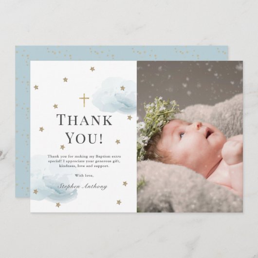 Stars Blue Clouds Foto Boy Taufe Danke Karte (Vorne/Hinten)