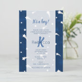 Stars Blue Watercolor Monogram Baby Shower Boy Einladung (Stehend Vorderseite)