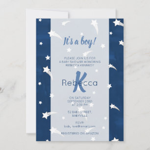 Stars Blue Watercolor Monogram Baby Shower Boy Einladung