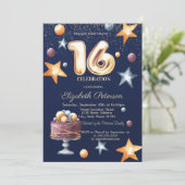 Stars Cake Confetti Diamond Sweet 16 Einladung (Stehend Vorderseite)