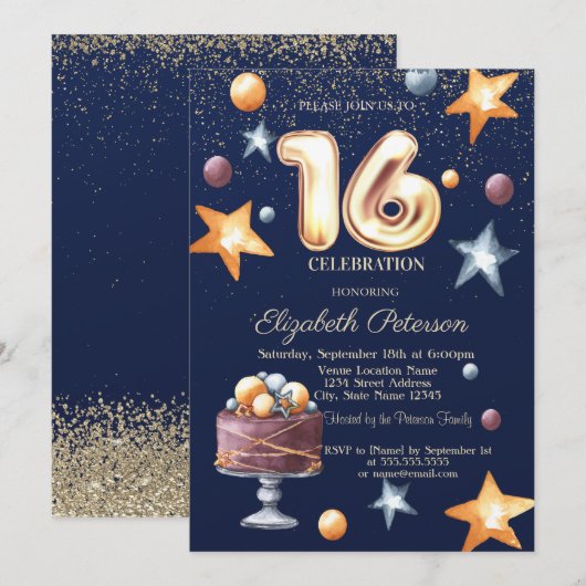 Stars Cake Confetti Diamond Sweet 16 Einladung (Vorne/Hinten)