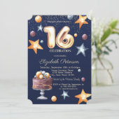 Stars Cake Confetti Sweet 16 Party Einladung (Stehend Vorderseite)