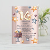 Stars Cake Navy Blue Rose Gold Sweet 16 Einladung (Stehend Vorderseite)