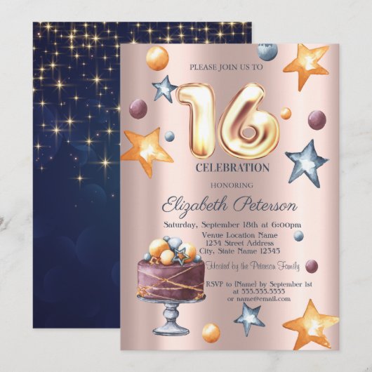 Stars Cake Navy Blue Rose Gold Sweet 16 Einladung (Vorne/Hinten)