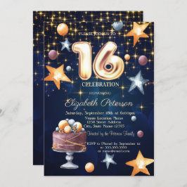Stars Cake Navy Blue Sweet 16 Einladung