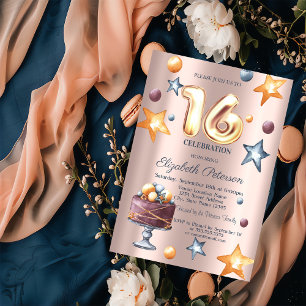 Stars Cake Rose Gold Balloons Sweet 16 Einladung