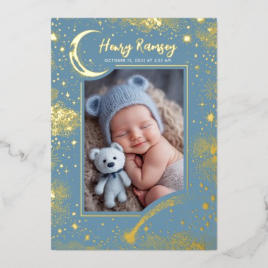 Stars Celestial Soft Blue Neugeborene Fotos Geburt Folieneinladung (Vorderseite)