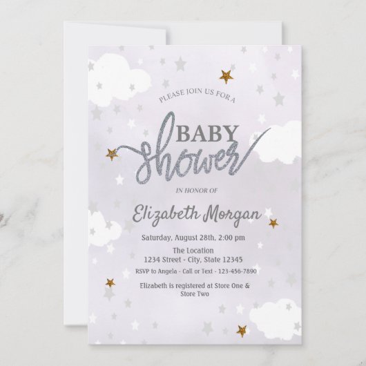 Stars & Clouds Lavender Baby Shower Einladung (Vorderseite)