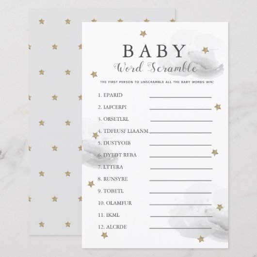 Stars & Clouds Word Scramble Baby Shower Grau Game (Vorne/Hinten)