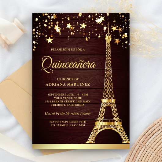 Stars Confetti Gold Foil Eiffel Tower Quinceanera Einladung