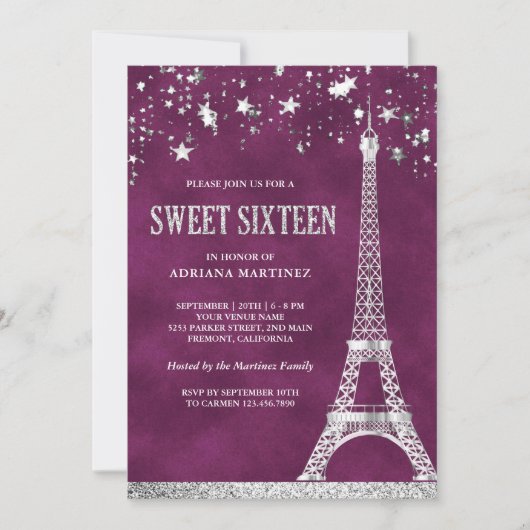 Stars Confetti Silver Eiffel Tower Plum Sweet 16 Einladung (Vorderseite)