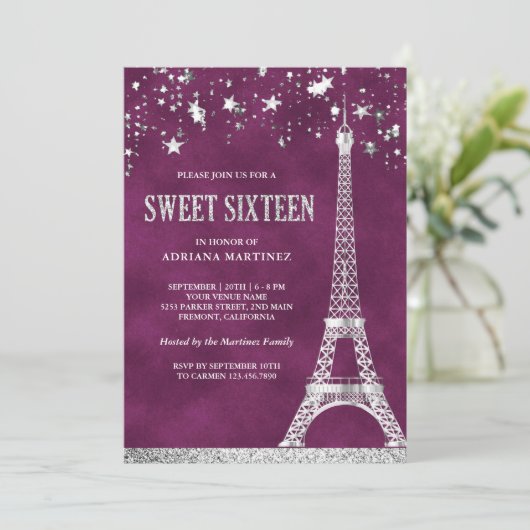 Stars Confetti Silver Eiffel Tower Plum Sweet 16 Einladung (Stehend Vorderseite)