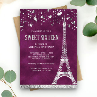 Stars Confetti Silver Eiffel Tower Plum Sweet 16 Einladung