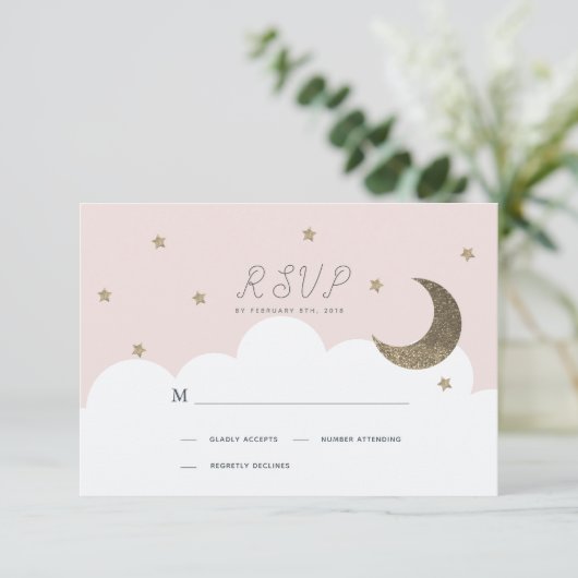 Stars & Crescent Moon Pink Girl Taufe UAWG RSVP Karte (Stehend Vorderseite)