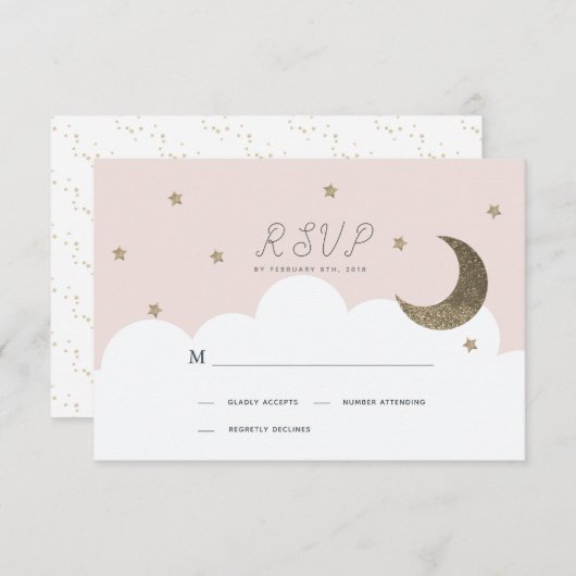 Stars & Crescent Moon Pink Girl Taufe UAWG RSVP Karte (Vorne/Hinten)