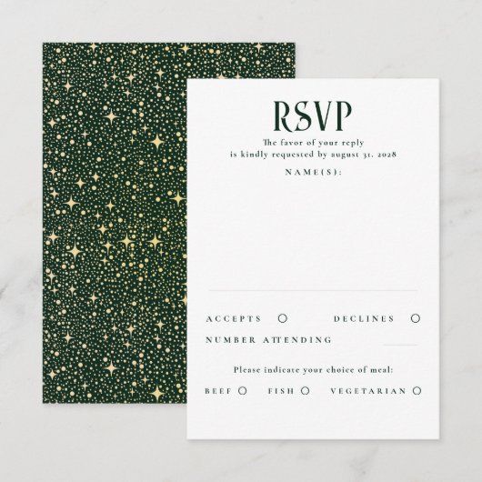 Stars Emerald Green und Gold Wedding RSVP Karte (Vorne/Hinten)