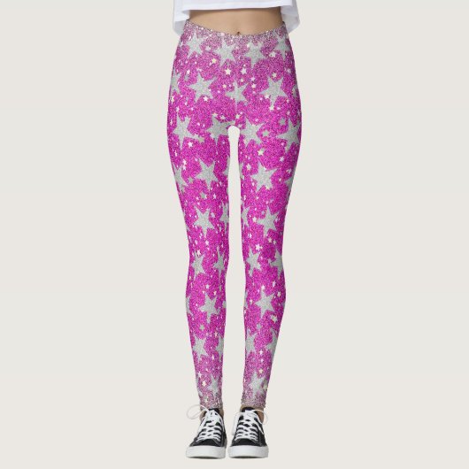 Stars Glitzer Rosa und Silber Leggings (Vorderseite)