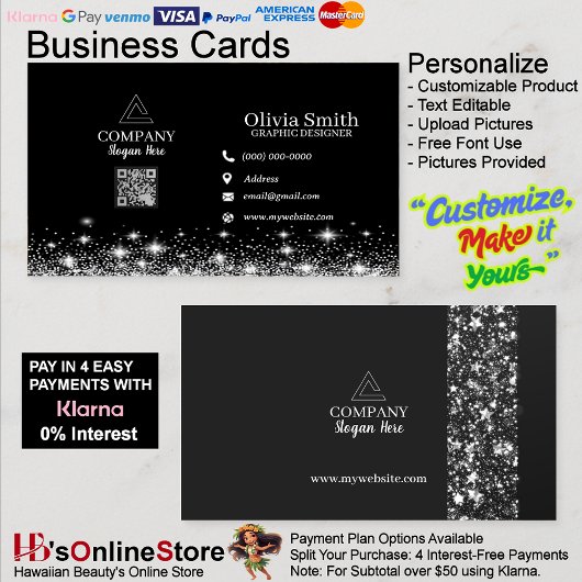 Stars & Glitzern QR Code Business Cards von 100 Visitenkarte