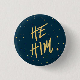 Stars He/Him Pronouns in Navy and Gold Button