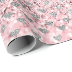 Stars Hearts Confetti Silver Gray Glitzer Pink Geschenkpapier