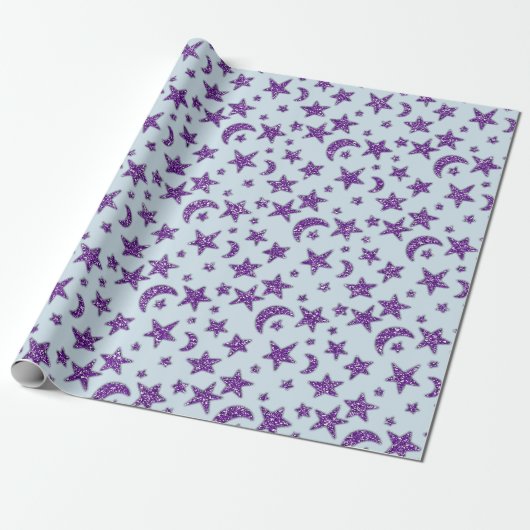 Stars Moon Amethyst Lila Plum Funkelnd Blue Paste Geschenkpapier (Ungerollt)
