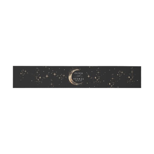 Stars Moon Black and Gold Celestial Wedding Einladungsbanderole (Flach)